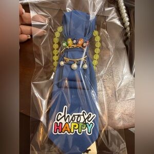 Upcycle Blue Tie necklace with Choose Happy Patch and Beaded Necklace
